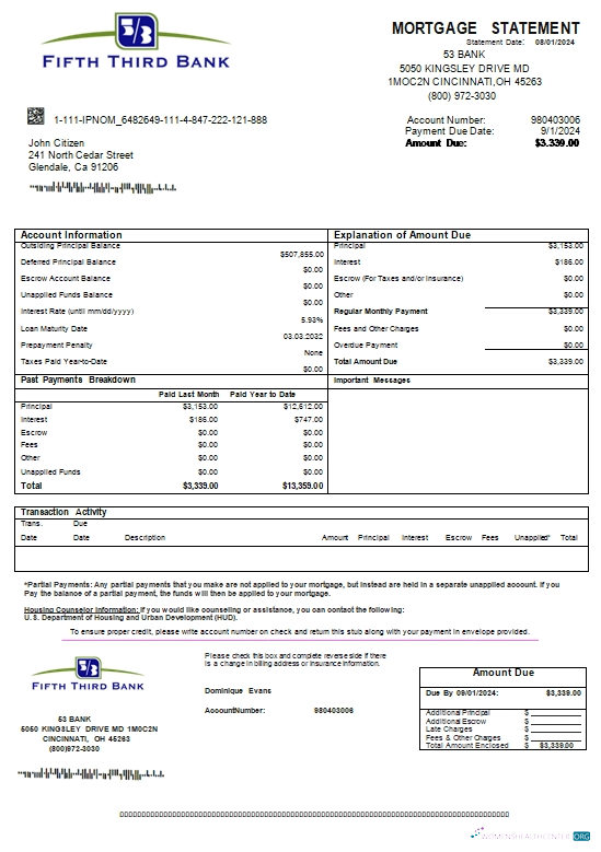 Download USA Ohio Fifth Third bank mortgage statement scr Photoshop template